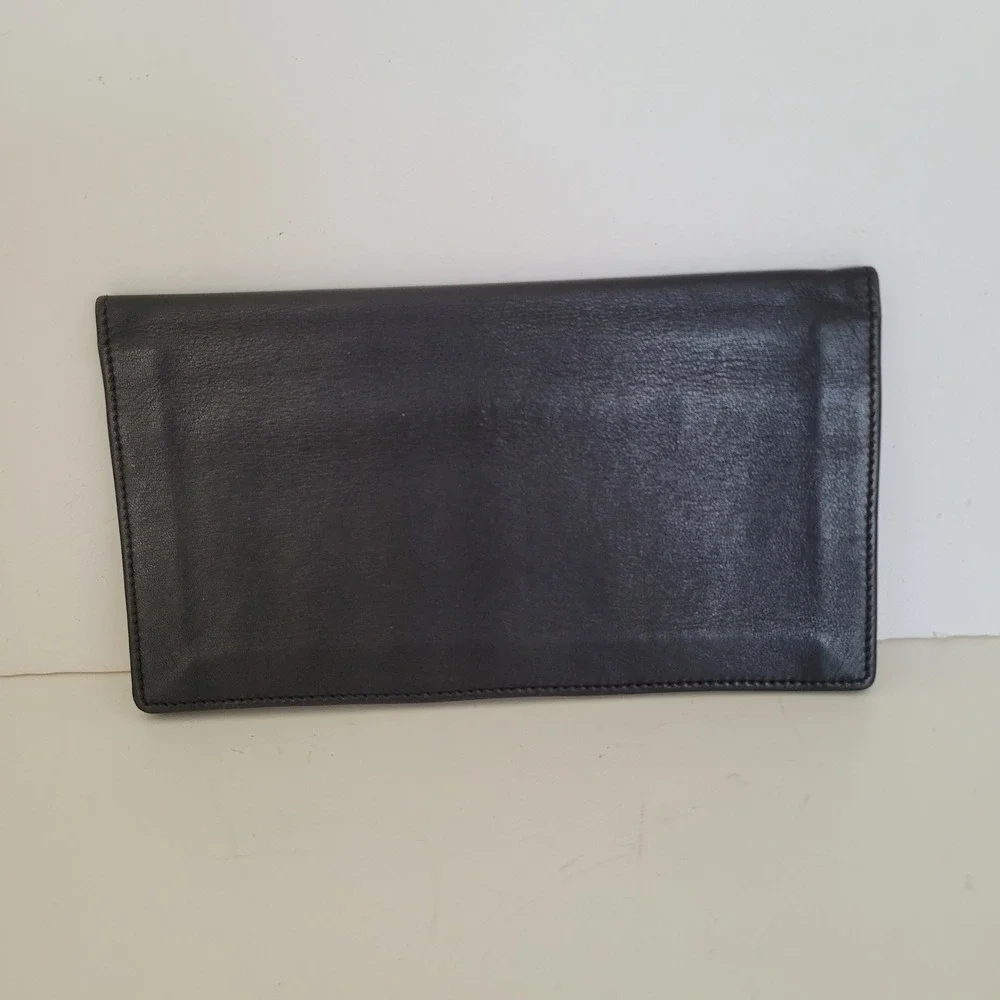 Dunhill Mens Black Leather Long Bi-Fold Wallet Gold Tone Corners Logo Pocket